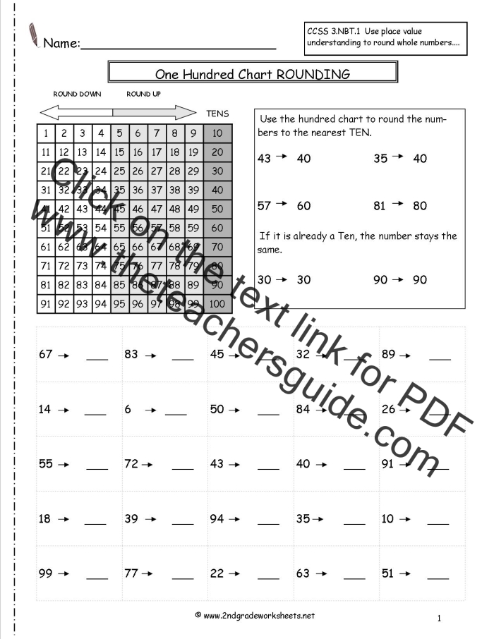 Rounding with a Chart worksheet for second graders to improve rounding skills Second grade student practicing rounding numbers using a chart worksheet