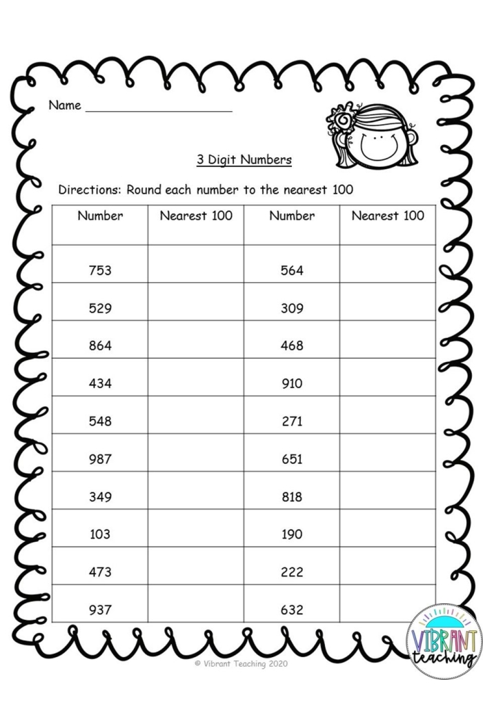 First grade math worksheet for rounding numbers to the nearest ten