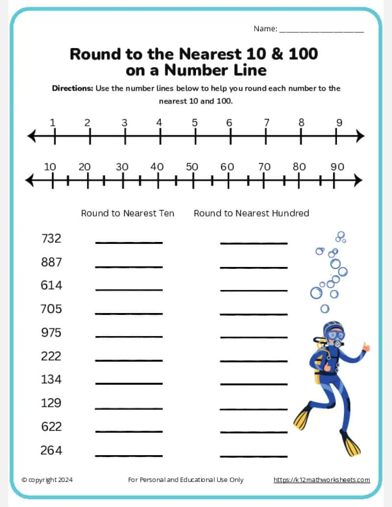 First Grade math worksheet focused on rounding numbers to the nearest ten