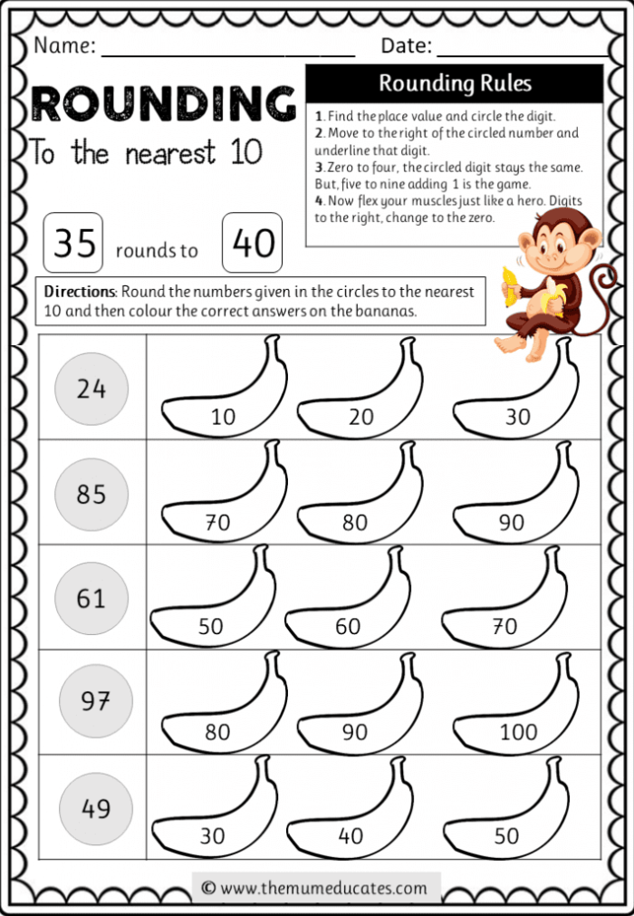 First grade math worksheet for rounding numbers to the nearest ten