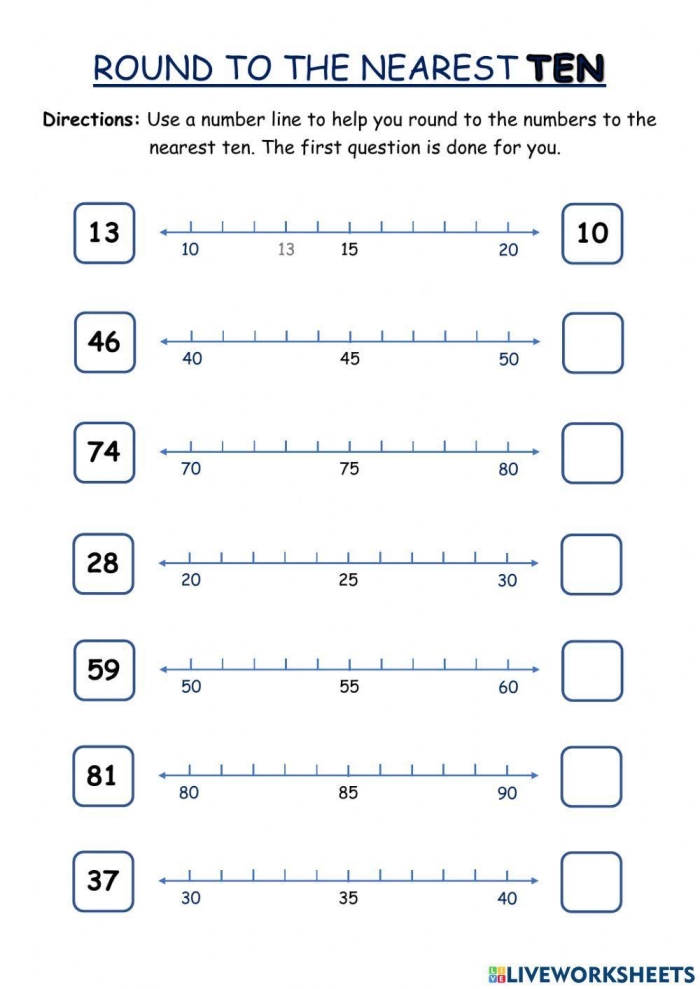 First grader practicing rounding numbers to the nearest ten on a worksheet