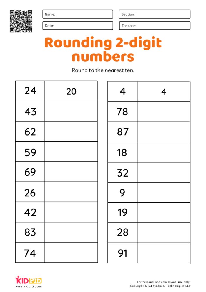 First grader practicing rounding numbers to the nearest ten on worksheet 17