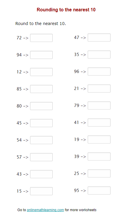 First grader practicing rounding numbers to the nearest ten with a colorful worksheet