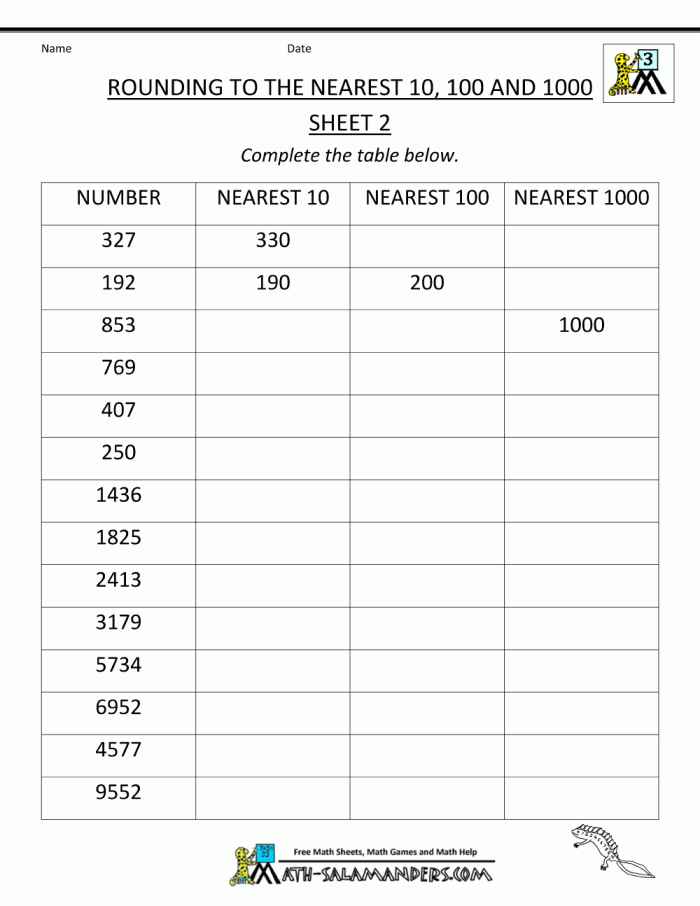 First grade math worksheet for rounding numbers to the nearest ten