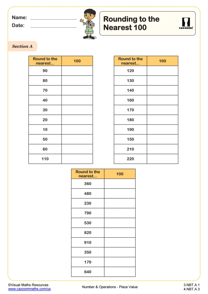 First grade student practicing rounding numbers to the nearest ten on a worksheet