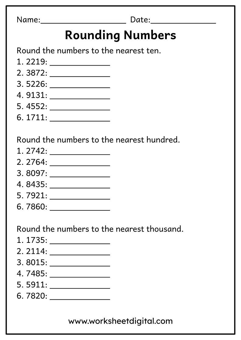 First grade student rounding numbers to the nearest ten on a worksheet