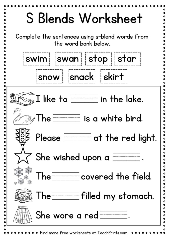 Engaging activity to enhance reading and writing skills with S blends S Blends worksheet for Kindergarten focusing on words like scrub, sprint, and strong