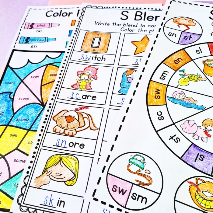 Engaging educational resource for teaching S blends in early literacy skills S Blends worksheet for kindergarten students focusing on words like scrub, sprint, and strong