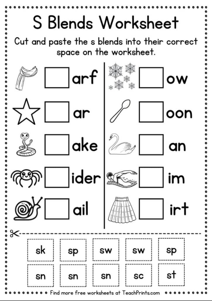 Place Value worksheet for Kindergarten Worksheet featuring S blends for kindergarten learners to practice reading and writing words like scrub, sprint, and strong. Educational resource for teaching place value concepts through S blends.
