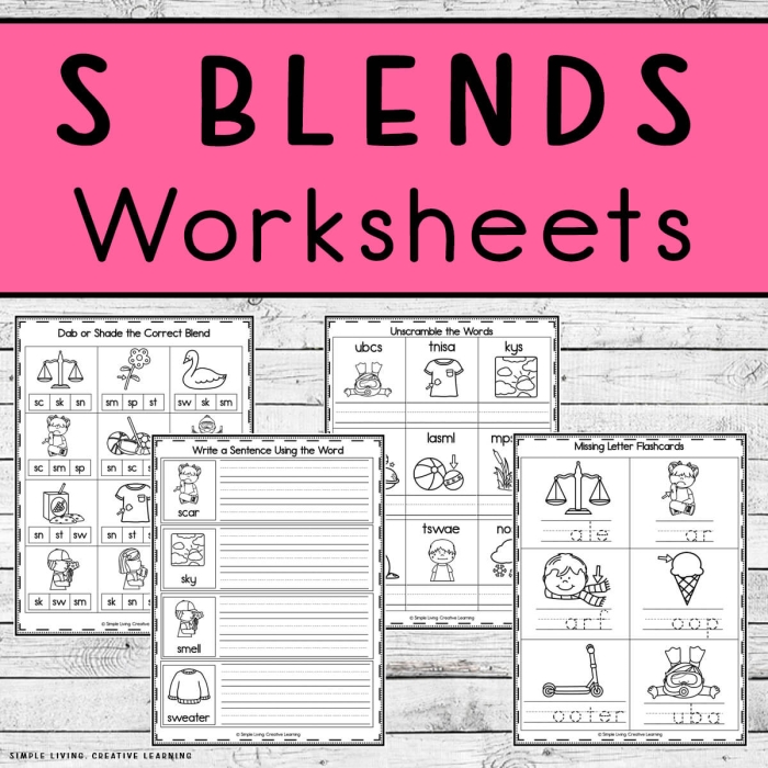 Engaging S Blends worksheet designed to enhance early reading and writing skills S Blends worksheet for kindergarten focusing on three-letter blends like scrub, sprint, and strong