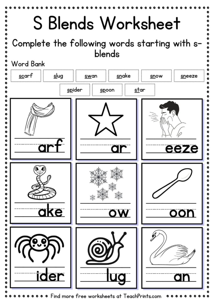 Worksheet image showcasing S blends for early reading and writing skills in young learners S Blends worksheet for kindergarten focusing on three-letter words like scrub and sprint