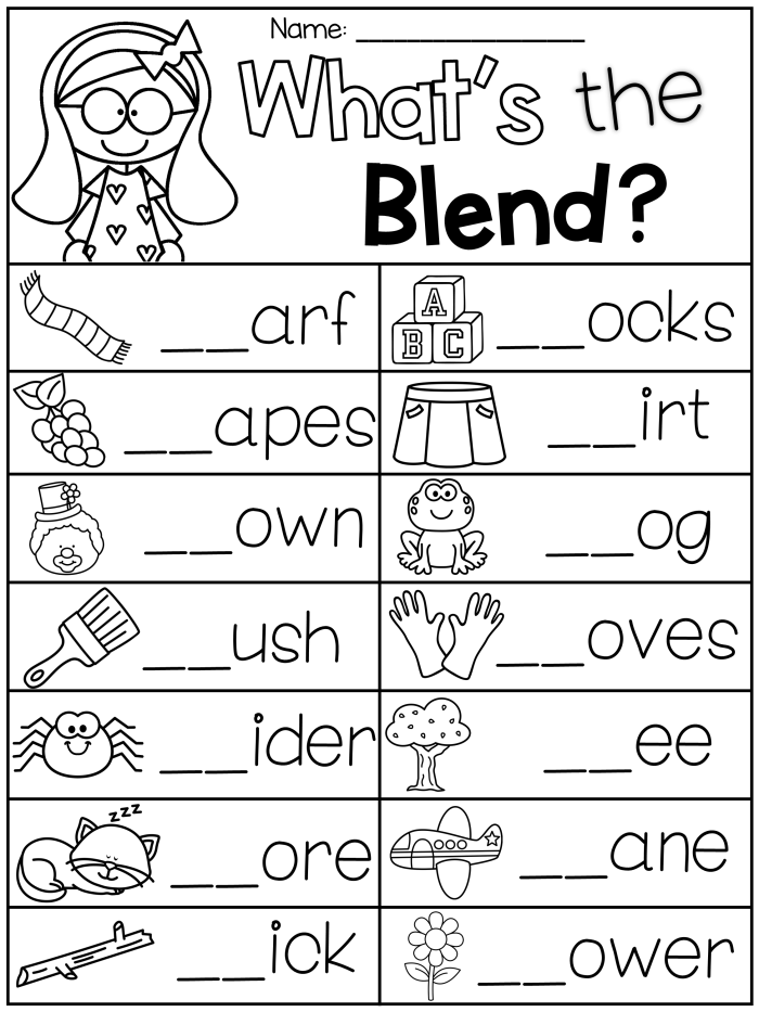 Worksheet image featuring S blends to enhance reading and writing skills for young learners S Blends worksheet for kindergarten focusing on three-letter words like scrub, sprint, and strong