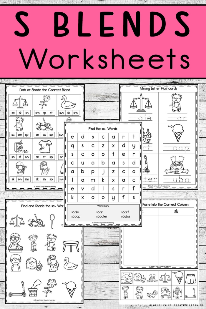 Worksheet image showcasing S blends practice for early readers and writers S Blends worksheet for kindergarten focusing on three-letter words like scrub and sprint
