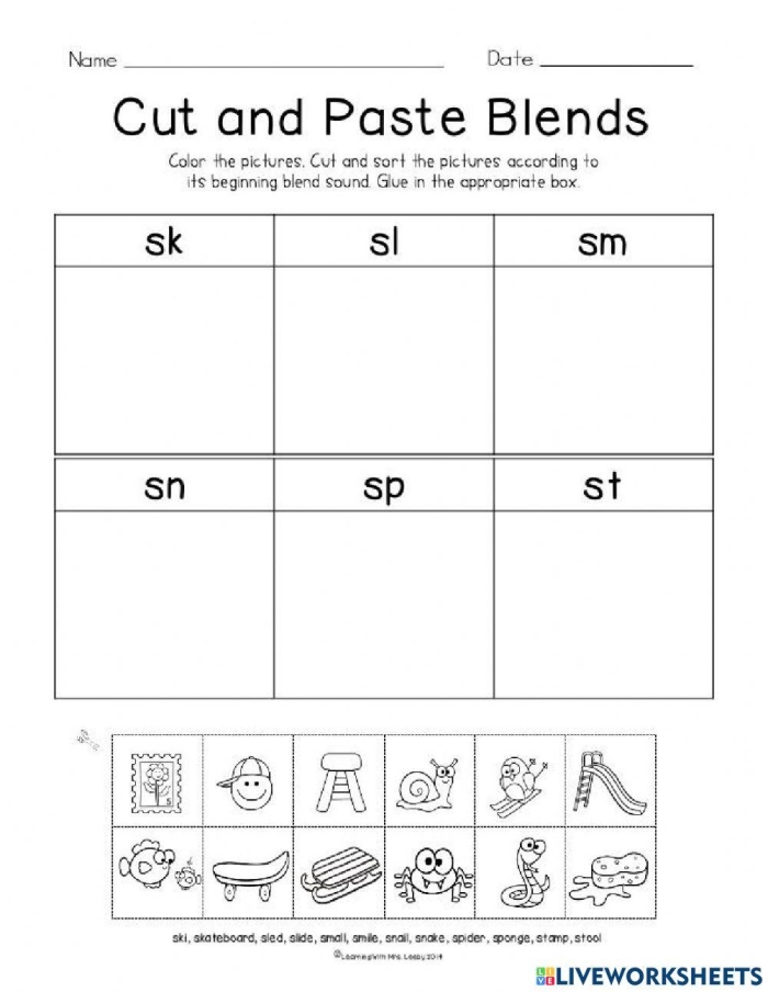 Worksheet image for teaching S blends in early reading and writing skills S Blends worksheet for kindergarten focusing on three-letter words like scrub, sprint, and strong