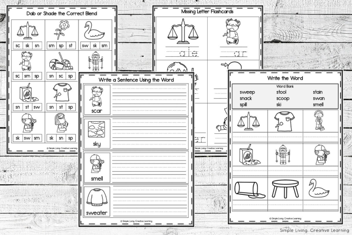 Worksheet image featuring S blends activities for early readers in kindergarten S Blends worksheet for kindergarten focusing on three-letter words like scrub, sprint, and strong