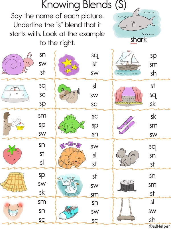 Educational resource for teaching s blends in early literacy skills S Blends worksheet for kindergarten focusing on three-letter blends like scrub and sprint