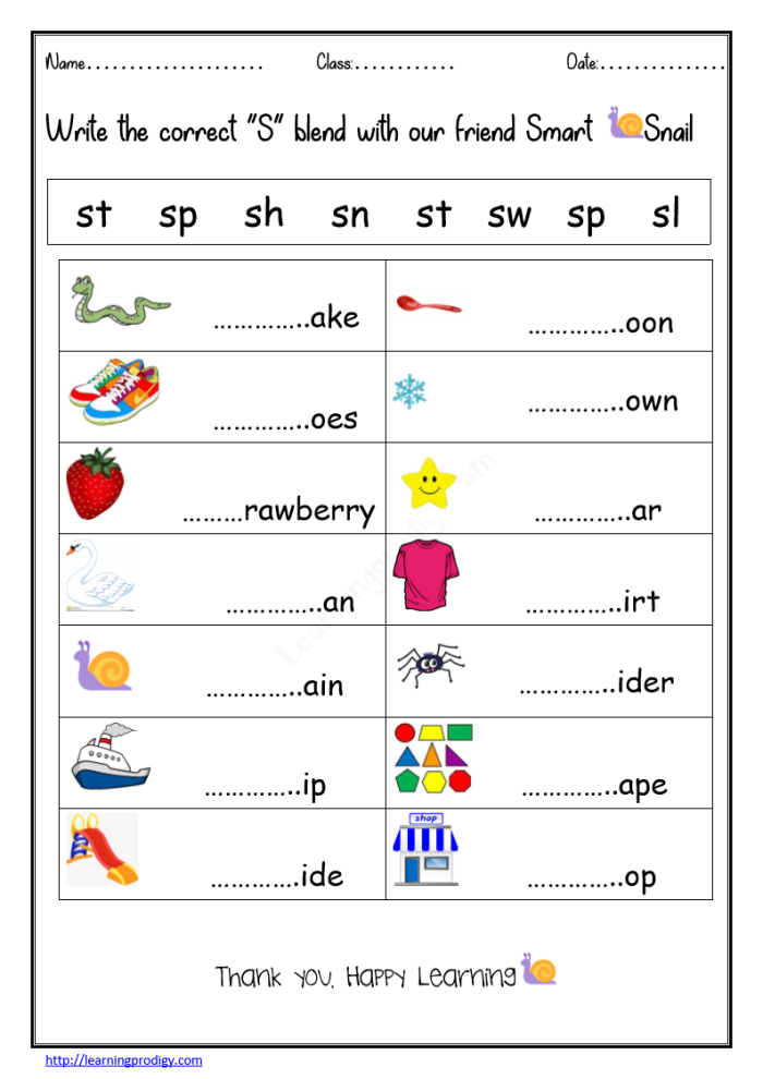 S blends worksheet for reading and writing three-letter words like scrub and sprint Worksheet featuring S blends for early literacy skills in kindergarten