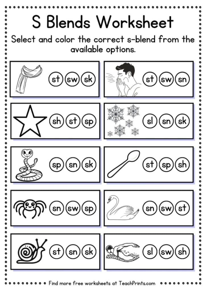 Educational resource image for teaching three-letter s blends in early literacy S Blends worksheet for kindergarten students focusing on words like scrub, sprint, and strong