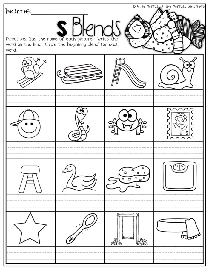 Engaging S Blends activity to enhance reading and writing skills in early learners S Blends worksheet for kindergarteners focusing on three-letter s blends like scrub and sprint