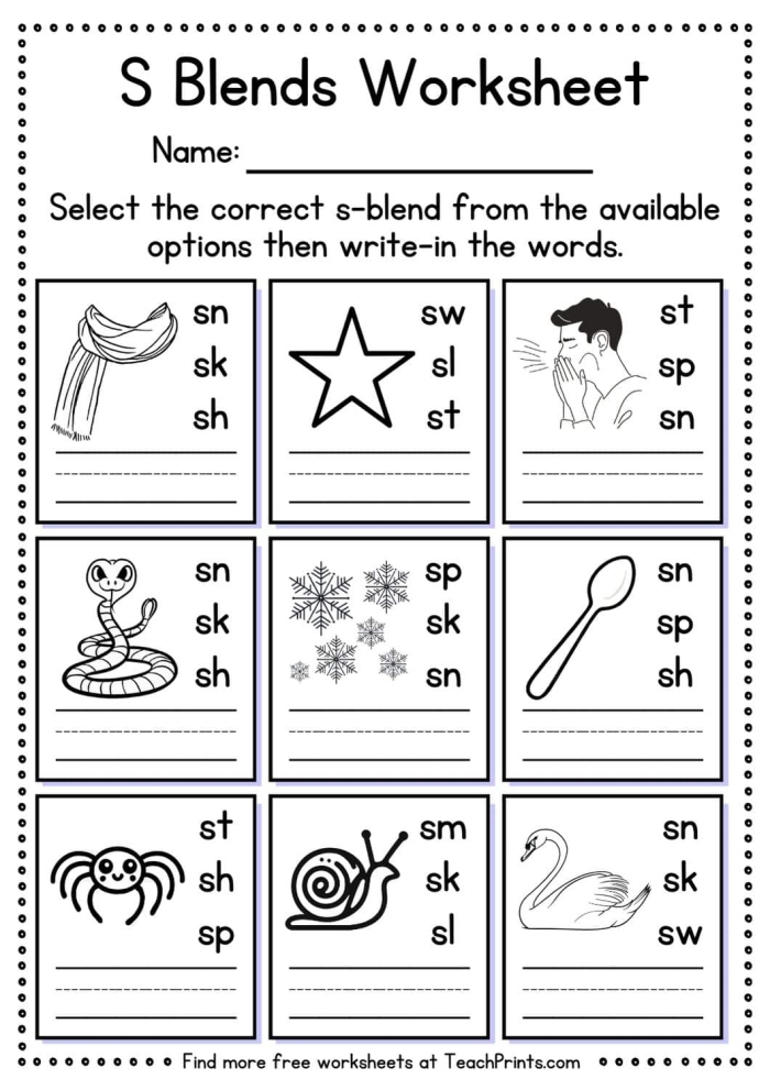 S Blends worksheet for early reading and writing practice in place value education Worksheet featuring S blends for kindergarten students focusing on words like scrub, sprint, and strong