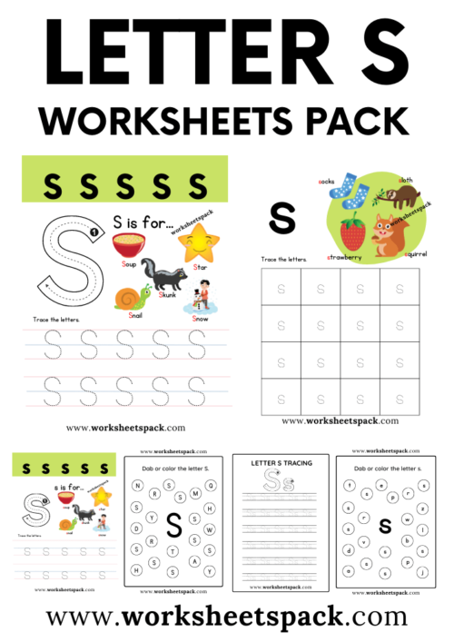 Engaging worksheet image for teaching the letter S to Pre-K children Colorful "S Is For..." worksheet designed for preschoolers to practice letter sounds and coloring fun