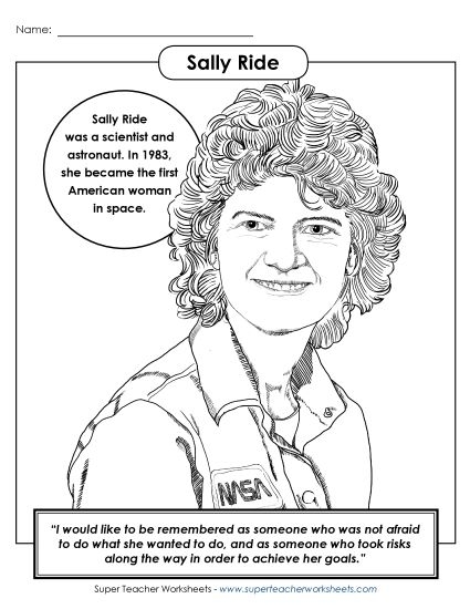 Cartoon illustration of Sally Ride ready for coloring to inspire young learners Sally Ride coloring page worksheet for Pre-K students to explore her contributions to aeronautics