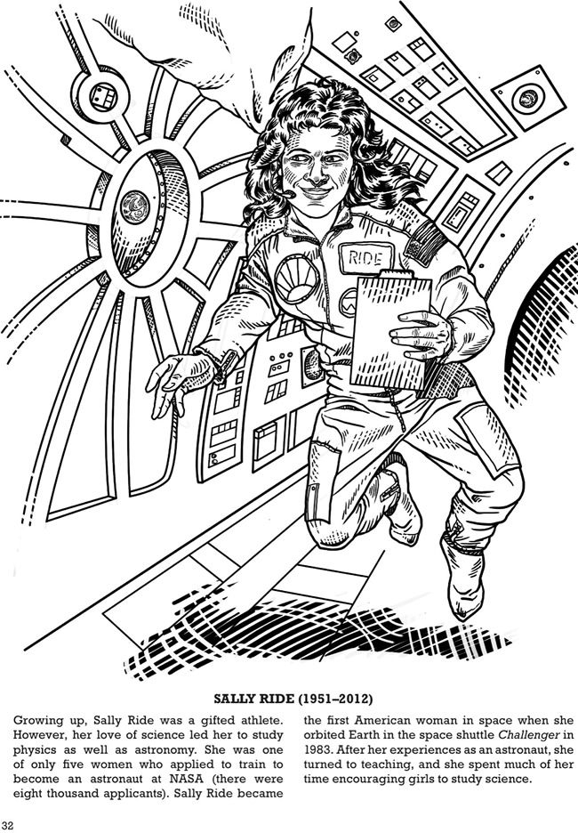 Colorful cartoon illustration of Sally Ride for Pre-K handwriting practice Sally Ride Coloring Page worksheet for kids to explore her achievements in a fun way