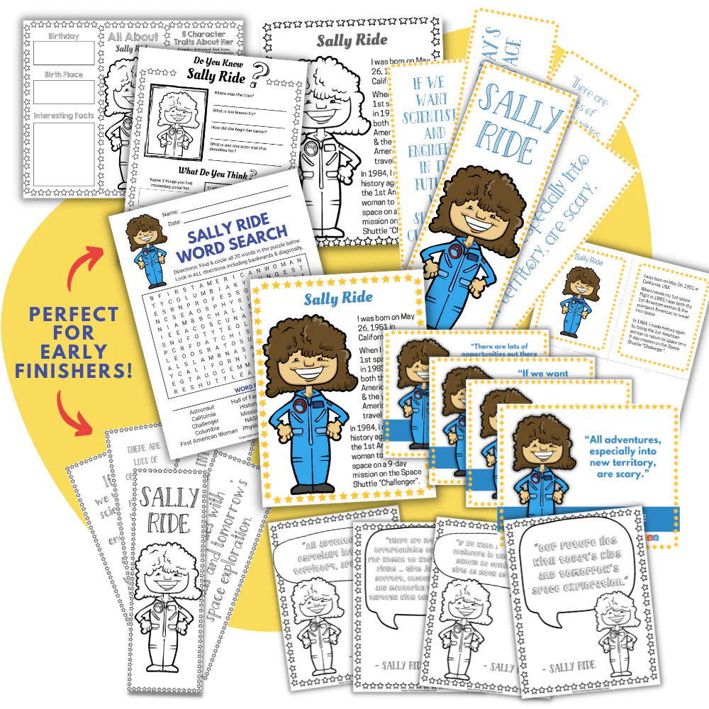 Handwriting worksheet for Pre-K Sally Ride coloring page worksheet for Pre-K students to explore her achievements in aeronautics. Cartoon illustration of Sally Ride inviting kids to learn while coloring.