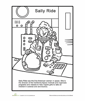 Color and learn about Sally Ride's incredible journey in aeronautics with this engaging worksheet Sally Ride Coloring Page worksheet for Pre-K students featuring a fun cartoon illustration
