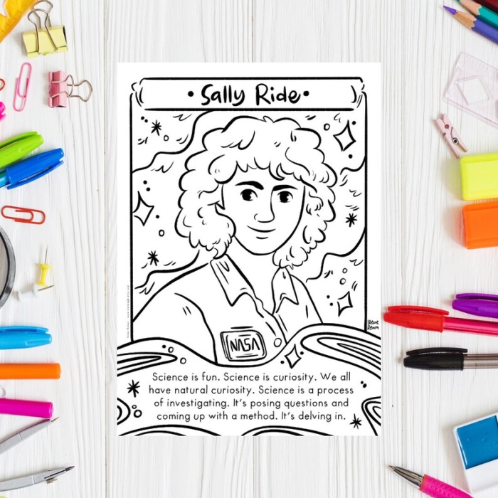 Cartoon illustration of Sally Ride designed for a fun handwriting activity for young learners Sally Ride Coloring Page worksheet for Pre-K students to learn about her career in aeronautics through coloring