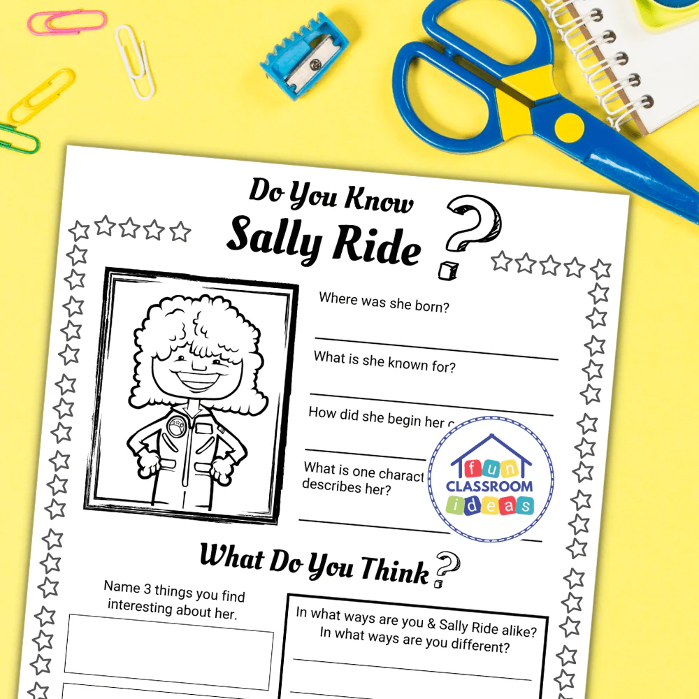 Coloring Page featuring Sally Ride, perfect for young learners exploring aeronautics. Engage with her story through creative expression. Sally Ride Coloring Page worksheet for Pre-K students to enhance handwriting skills while learning about her career. Cartoon representation of Sally Ride ready to be colored in.