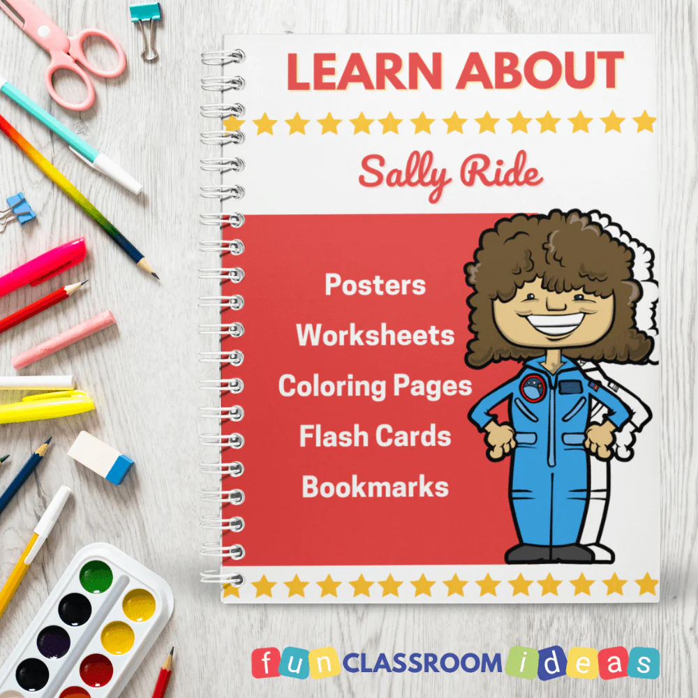 Sally Ride Coloring Page worksheet for young learners to explore aeronautics Coloring page worksheet featuring a cartoon version of Sally Ride for Pre-K students