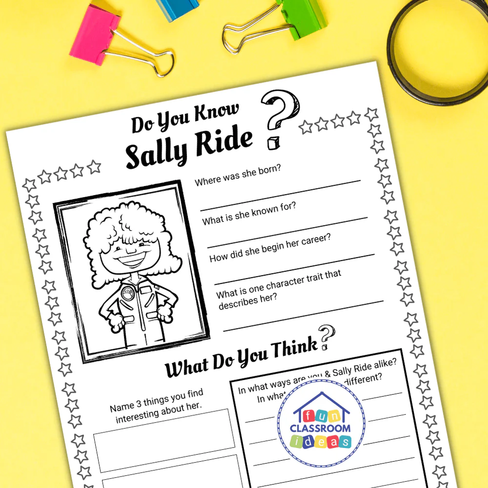 Colorful cartoon depiction of Sally Ride for educational coloring and handwriting practice Sally Ride Coloring Page worksheet featuring a fun cartoon illustration for Pre-K students