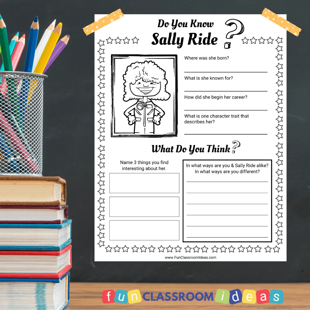 Cartoon illustration of Sally Ride for educational coloring fun Sally Ride Coloring Page worksheet for Pre-K students to explore her legacy in aeronautics