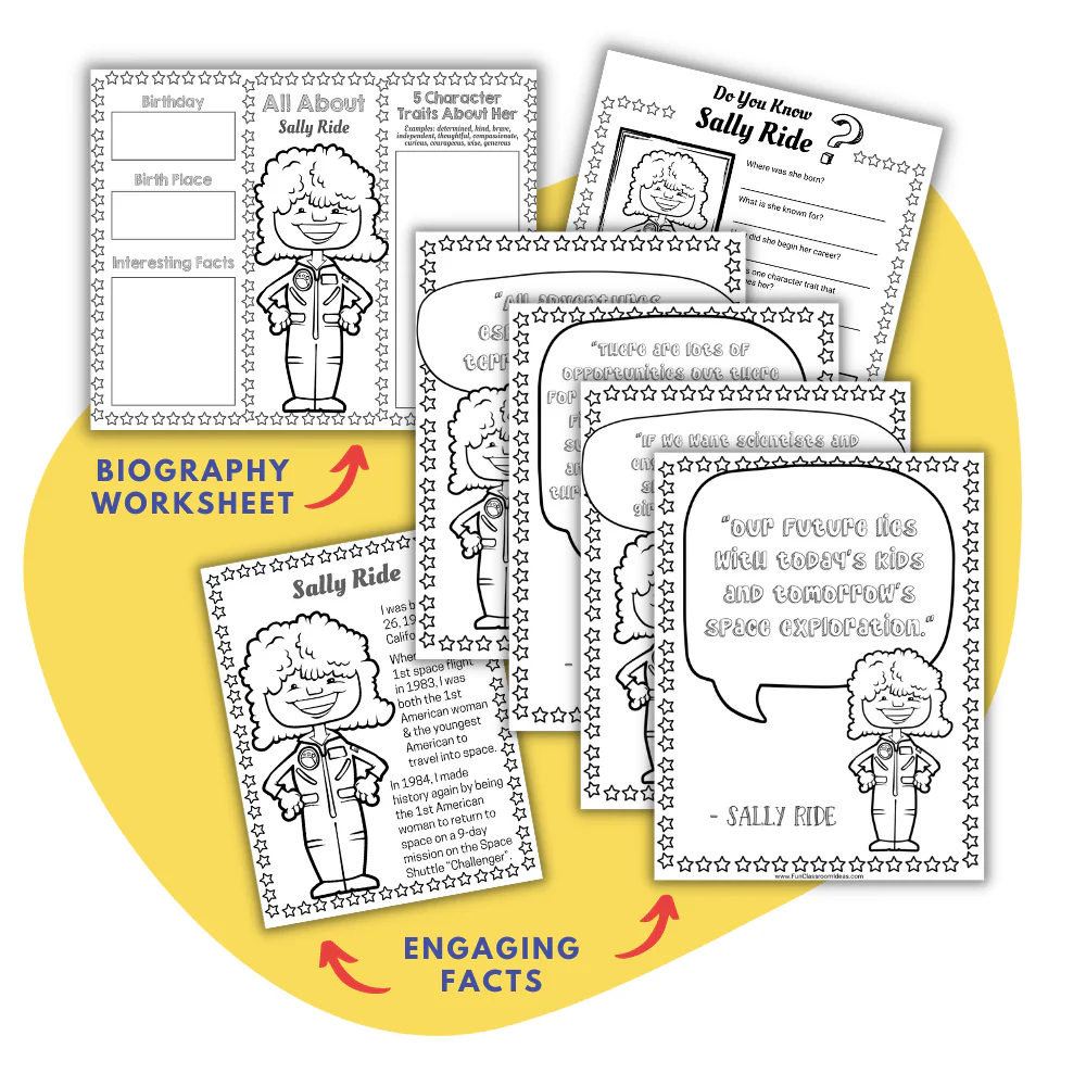 Coloring activity celebrating Sally Ride's remarkable achievements in aeronautics Sally Ride coloring page worksheet featuring a fun cartoon illustration for kids