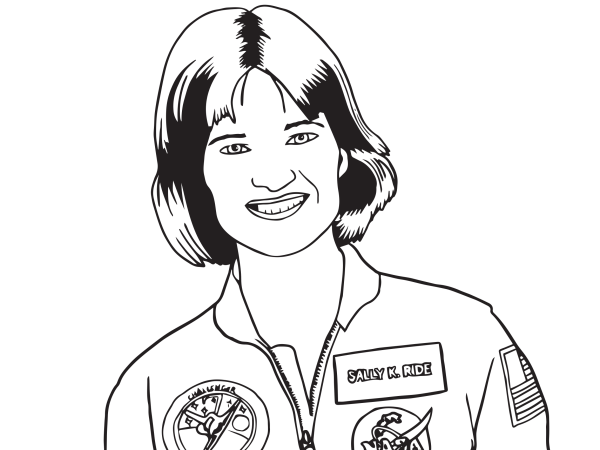 Coloring page of Sally Ride designed for handwriting practice and fun learning Sally Ride coloring page worksheet for Pre-K students to explore her career in aeronautics
