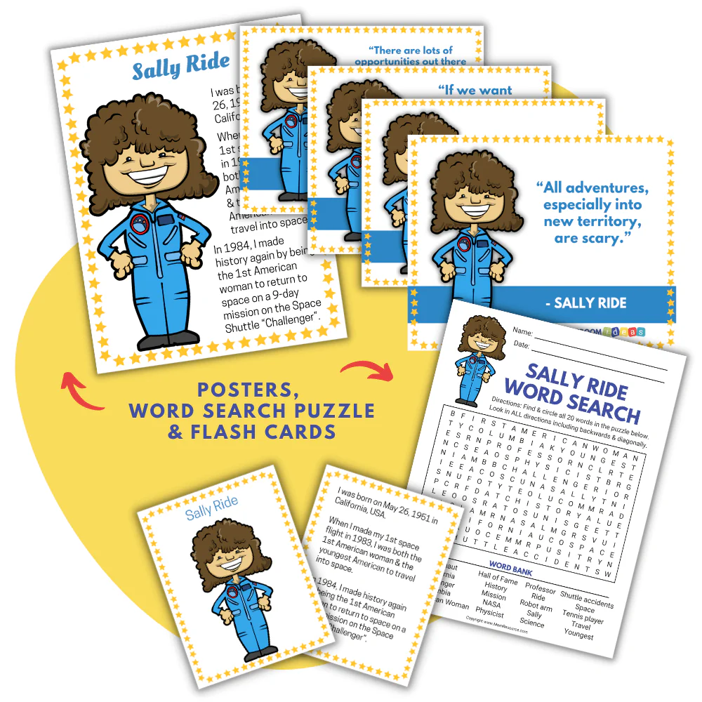 Fun cartoon illustration of Sally Ride designed for a handwriting activity for young learners Sally Ride coloring page worksheet for Pre-K students to explore her aeronautics career