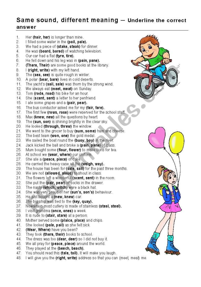 Worksheet showing examples of words that sound alike but are spelled differently for third graders