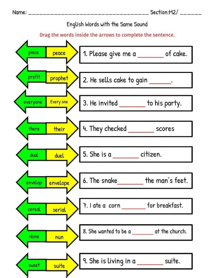 Worksheet for identifying words with the same pronunciation but different spellings and meanings