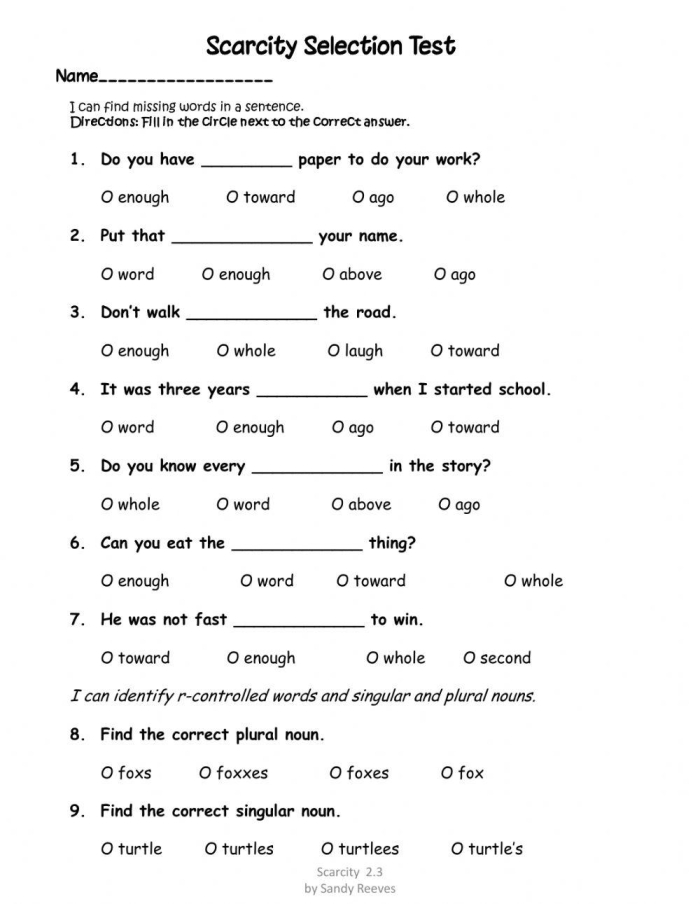 Worksheet illustrating the concept of scarcity for second graders focused on subtraction