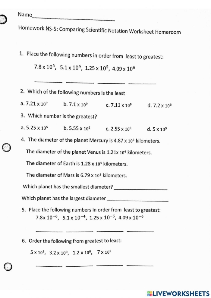 Eighth-grade worksheet for comparing numbers in scientific notation with geography-themed problems