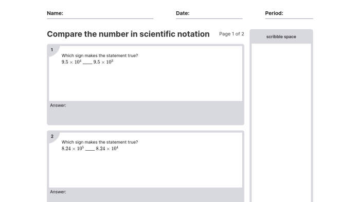 Eighth-grade science notation comparison worksheet focusing on geography concepts