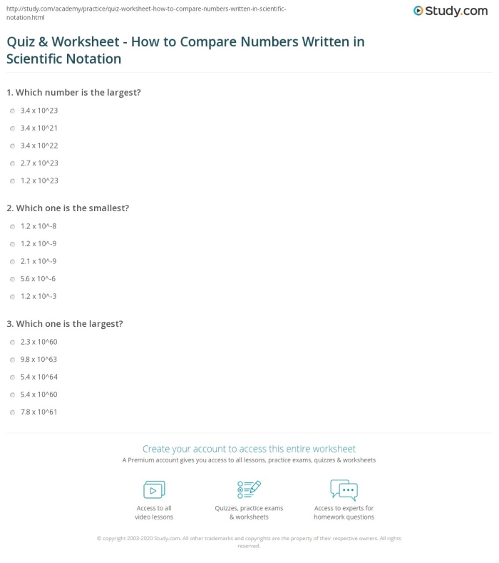 Eighth-grade math worksheet focused on comparing scientific notation numbers in a geography context