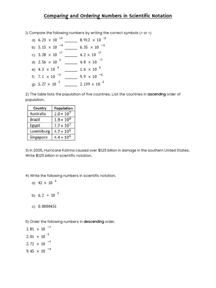 Eighth-grade worksheet for comparing scientific notation numbers with geographical data