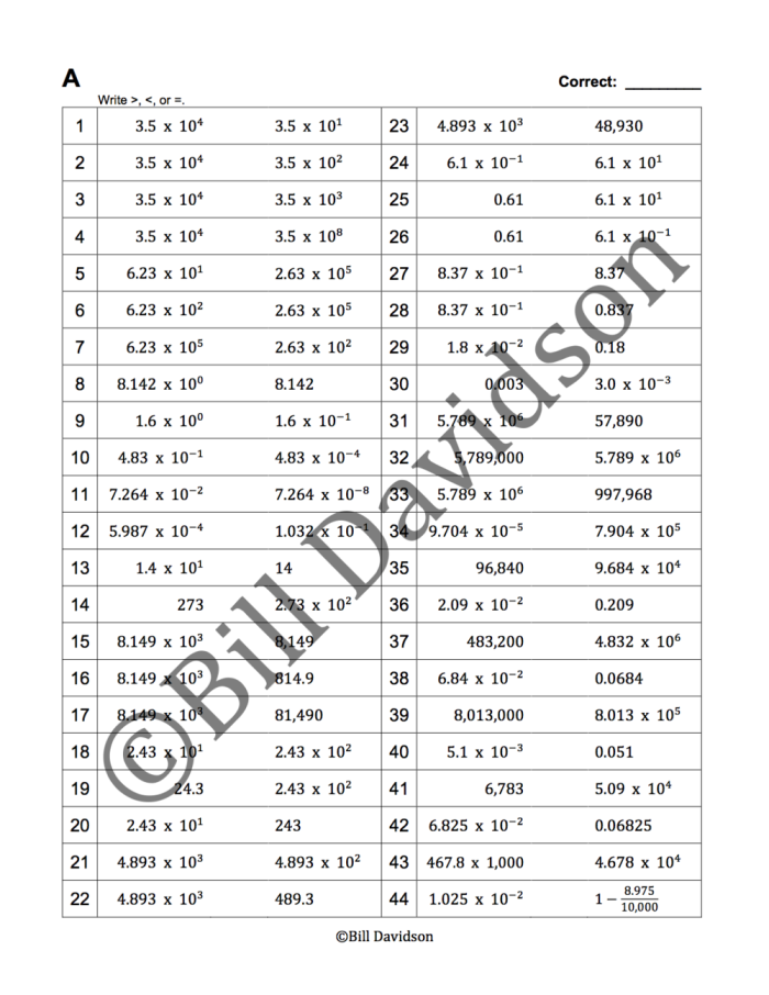 Eighth-grade worksheet focused on comparing numbers in scientific notation for geography class