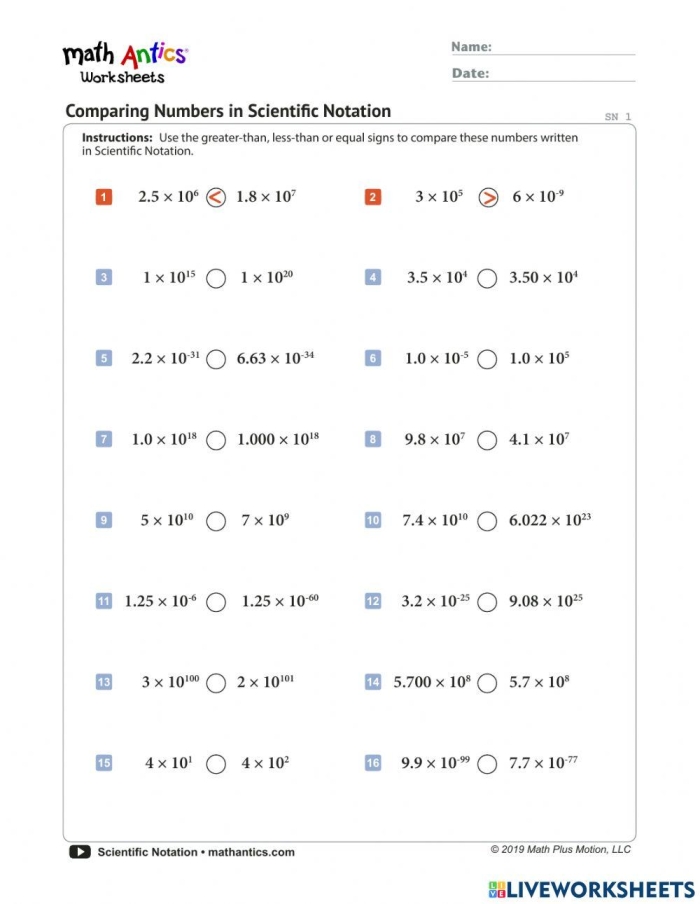 Eighth-grade math worksheet for comparing scientific notation numbers in a geography context