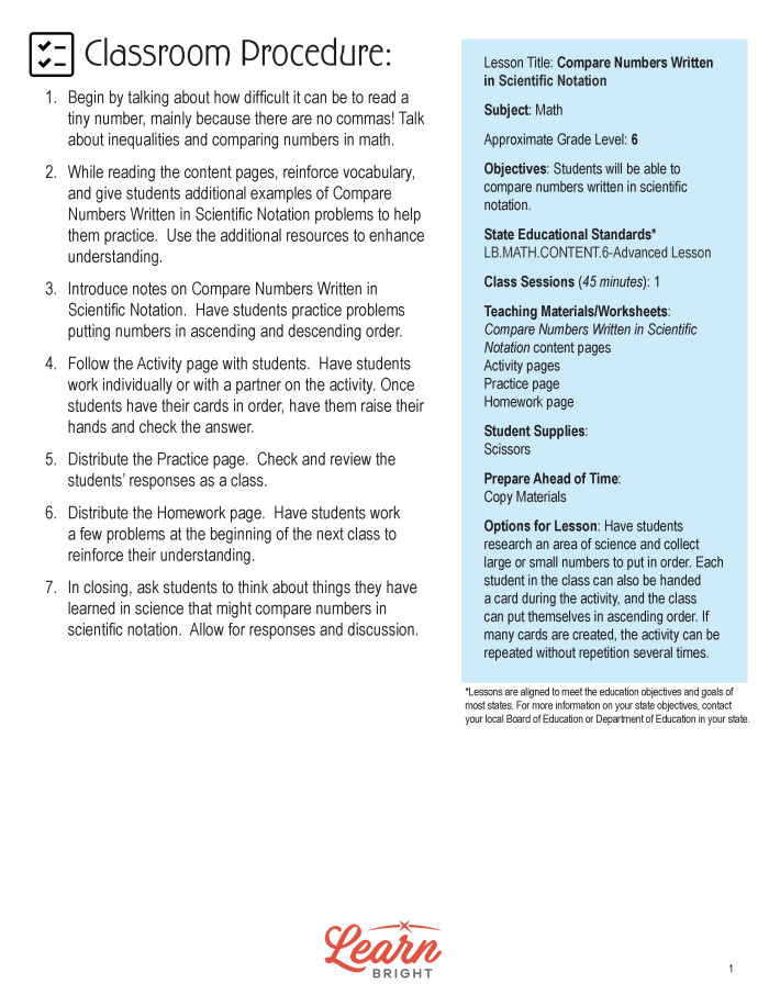 Eighth grade worksheet for comparing scientific notation numbers in a geography context