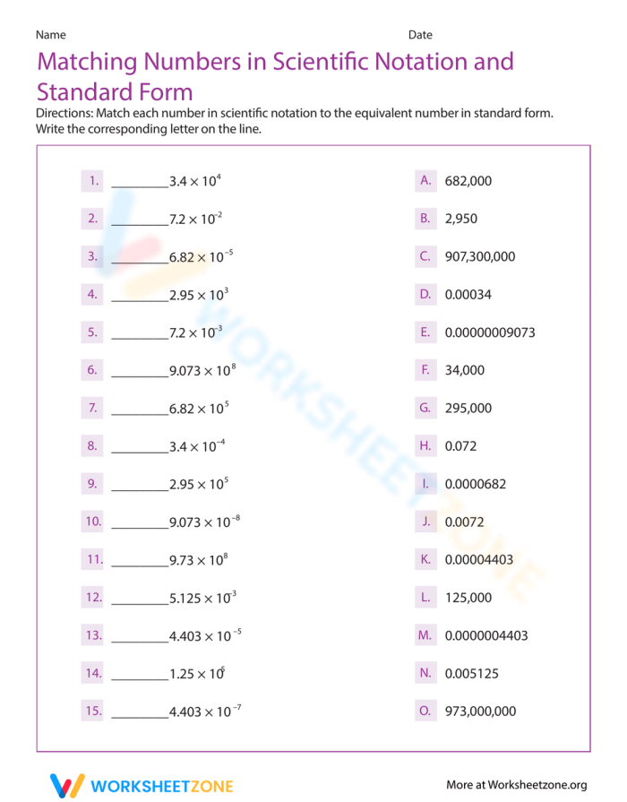 Eighth-grade worksheet for comparing scientific notation numbers in a geography context