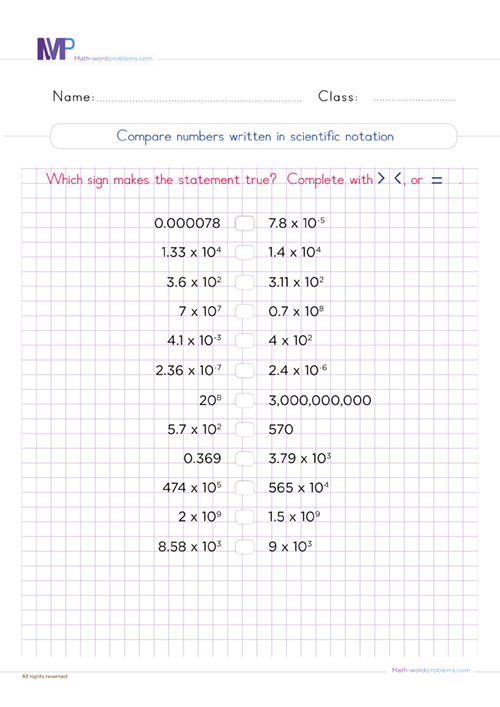 Eighth-grade worksheet page showing problems for comparing scientific notation numbers in a geography context