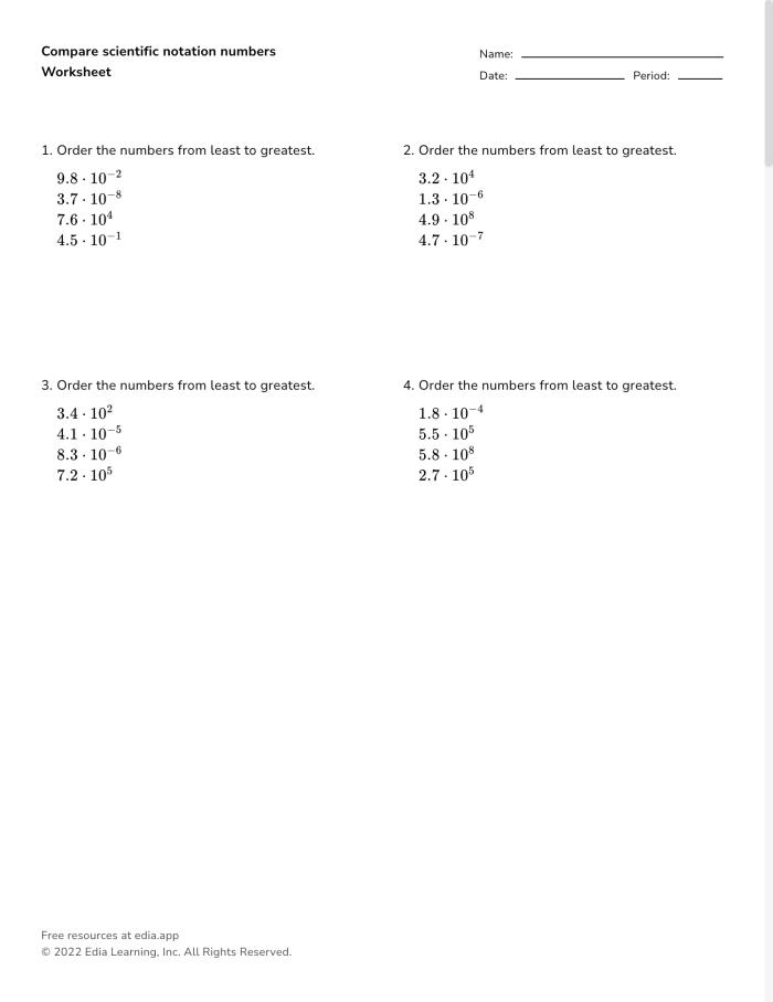 Eighth-grade worksheet for comparing scientific notation numbers in a geography context